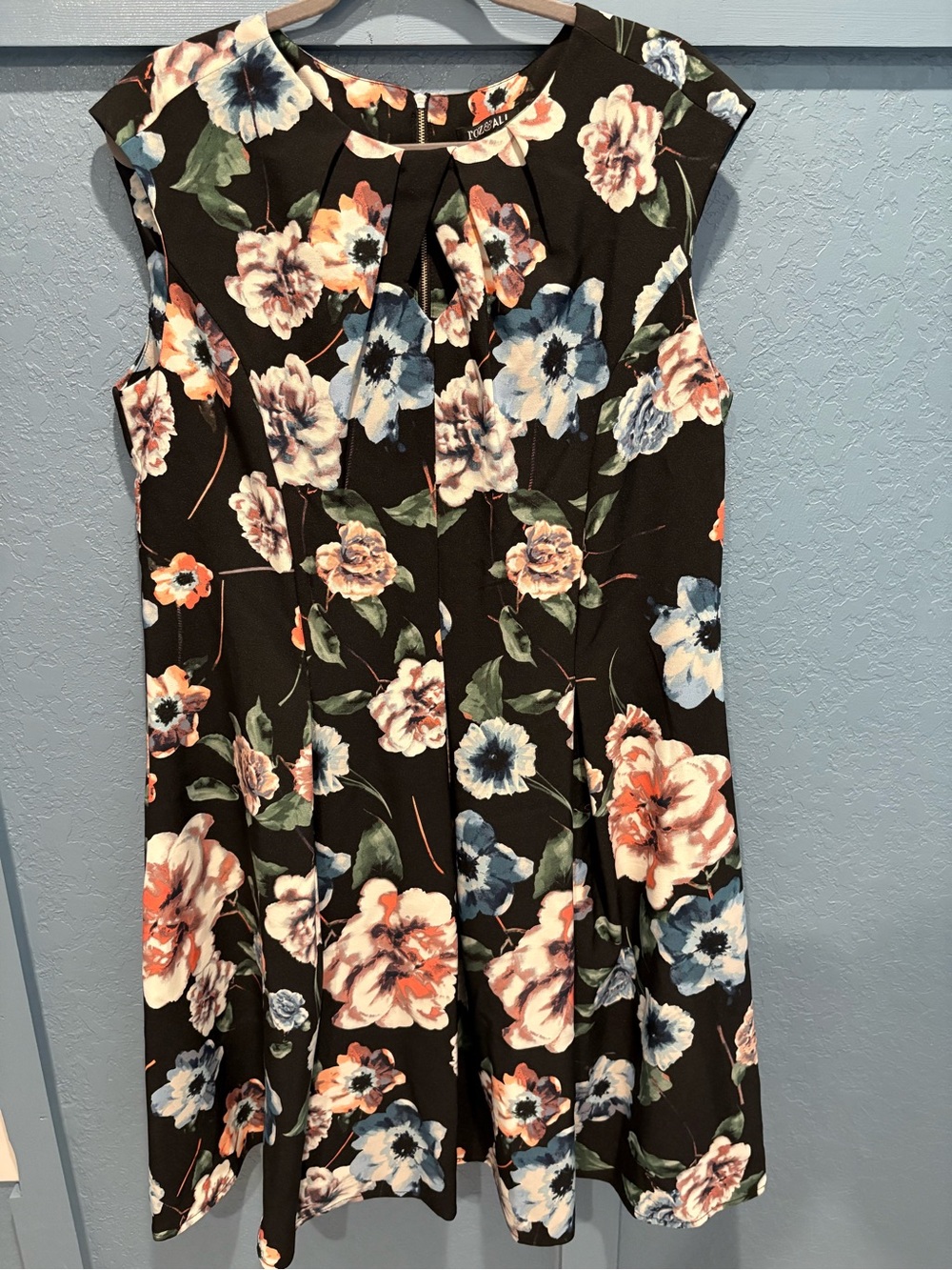 Roz & Ali Black Floral Fit-and-Flare Dress with Blue & Peach Blooms